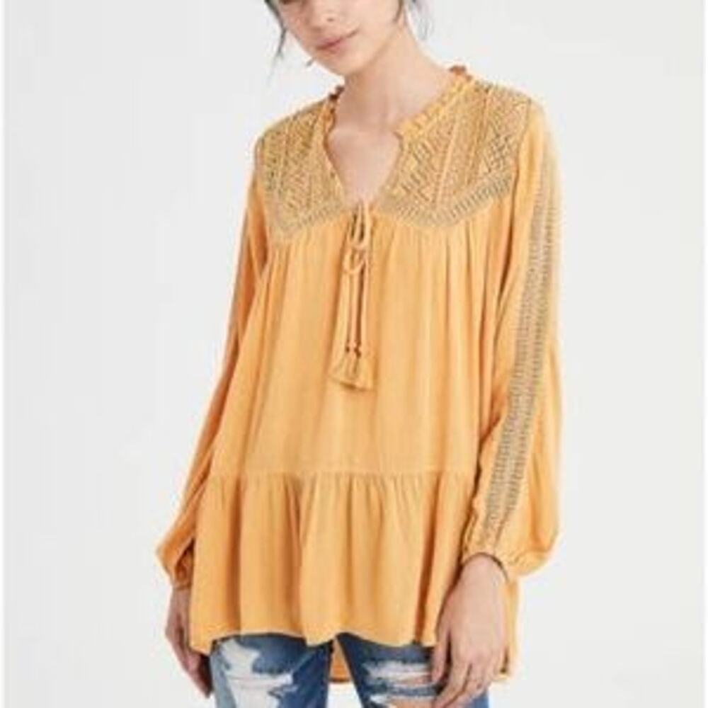 American Eagle Mustard Yellow Lace Bohemian Peasant Top Size M
